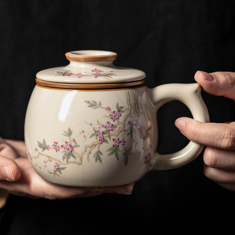 汝窑茶杯大容量陶瓷茶水分离带盖过滤泡茶水杯办公室个人专用杯子