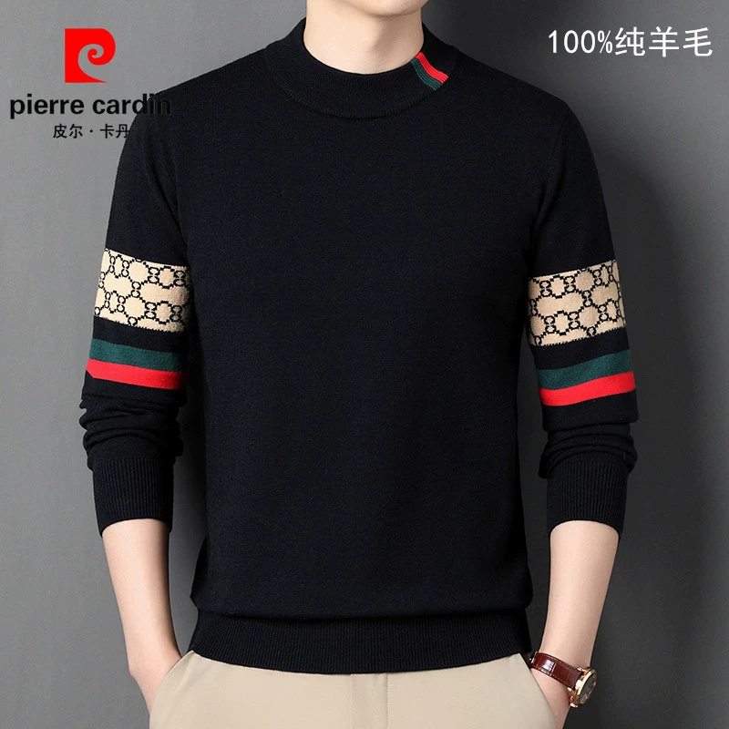 皮尔卡丹秋冬季100%纯羊毛男士加厚羊毛衫时尚潮流中青年圆领毛衣
