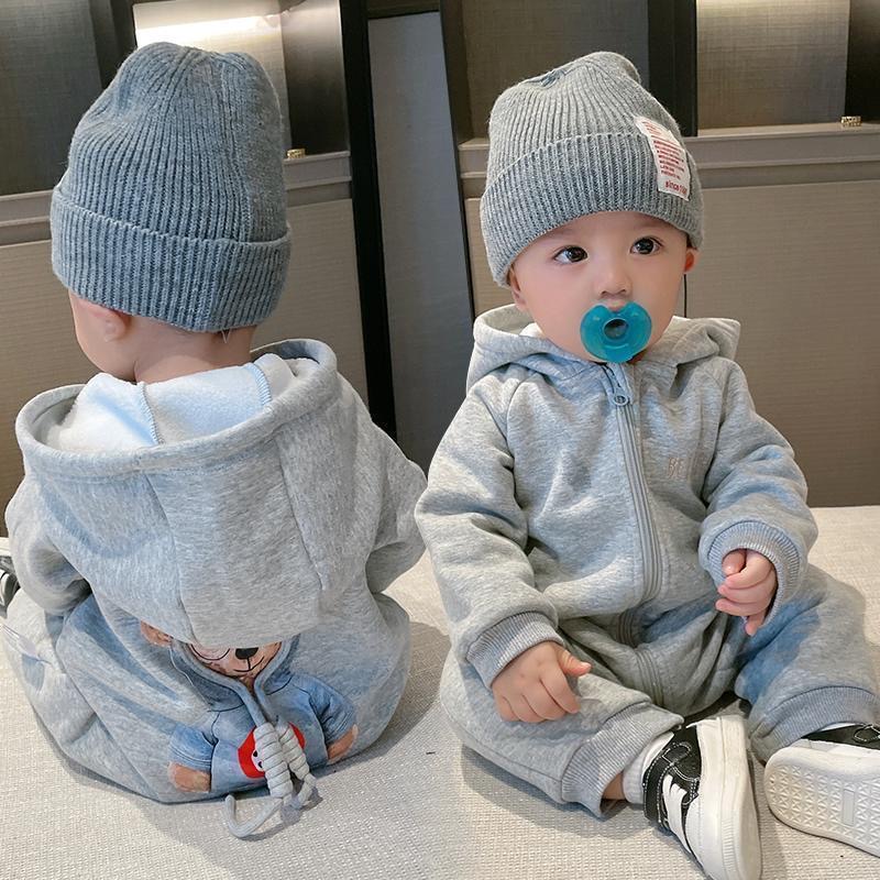 婴儿秋冬加绒连体衣秋冬装男女宝宝哈衣双层保暖爬服小熊儿衣服