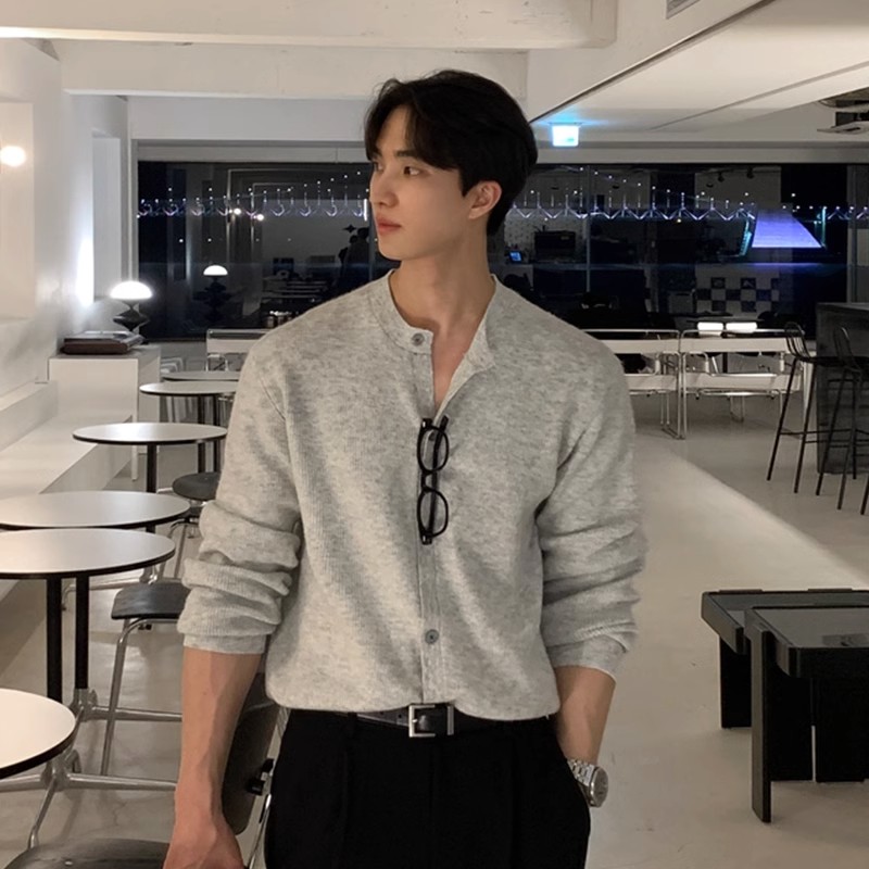 灰色圆领针织开衫上衣男士爆款2025新款春秋季百搭高级感毛织上衣