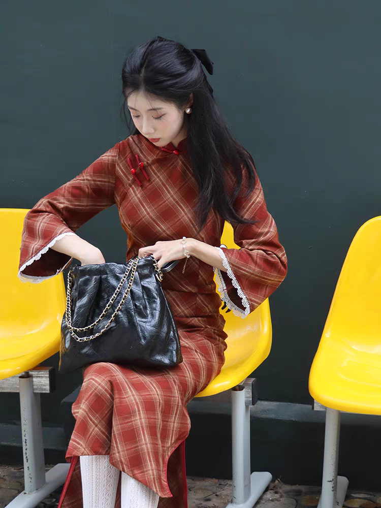 （红豆）文艺甜美可爱旗袍倒大袖格子民国复古港风改良裙中国风旗袍