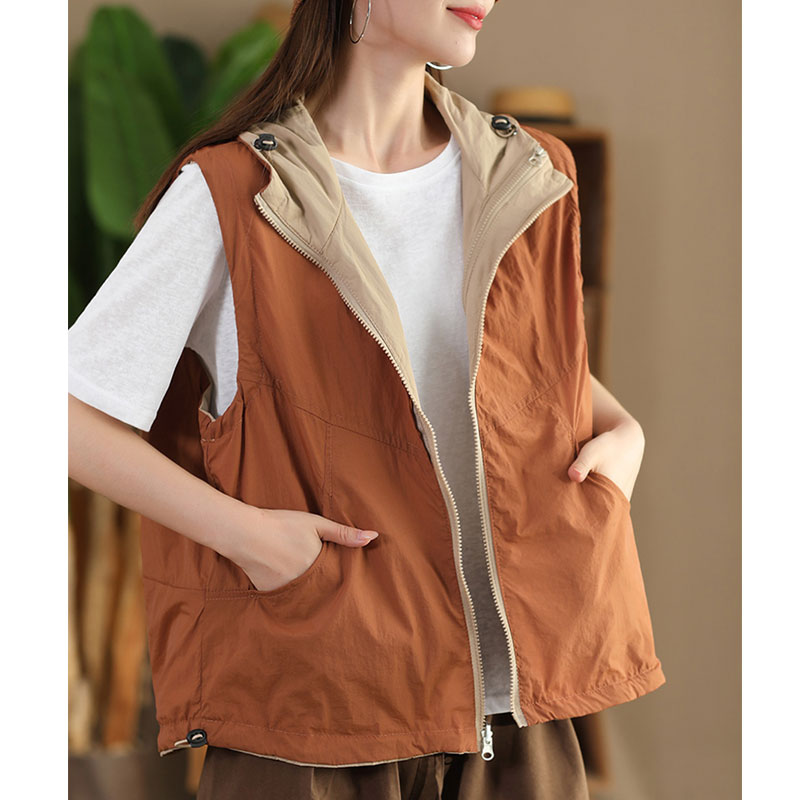 两面穿连帽马甲女2025春秋新款韩版宽松撞色抽绳无袖外搭马夹开衫