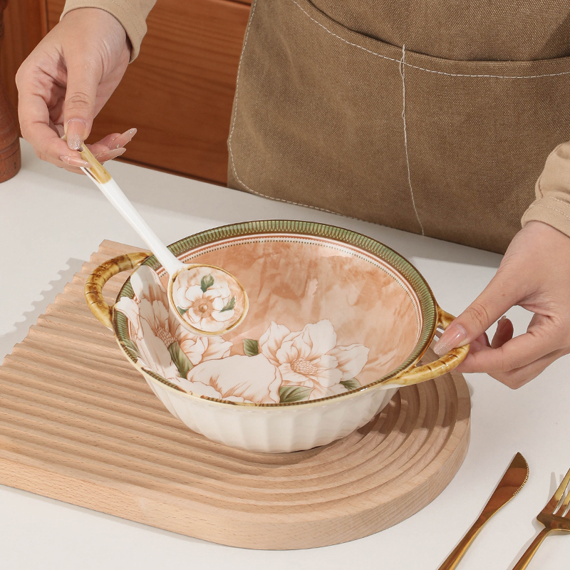 【.山茶花】复古轻奢9.5英寸双耳碗饭碗勺子陶瓷釉下彩高颜值