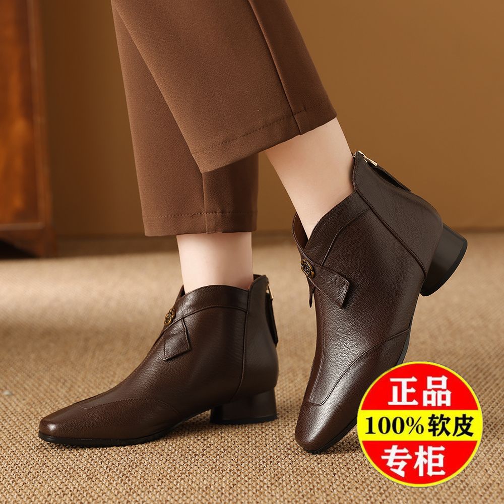 正品真皮短靴女2024秋冬季新款时尚粗跟小方头轻便女鞋百搭马丁靴