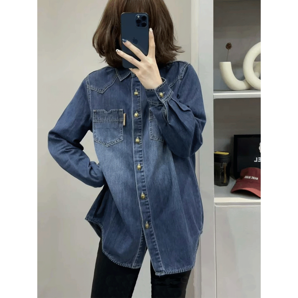 春秋牛仔衬衫女长袖时尚新款宽松设计感叠穿上衣休闲百搭衬衣外套