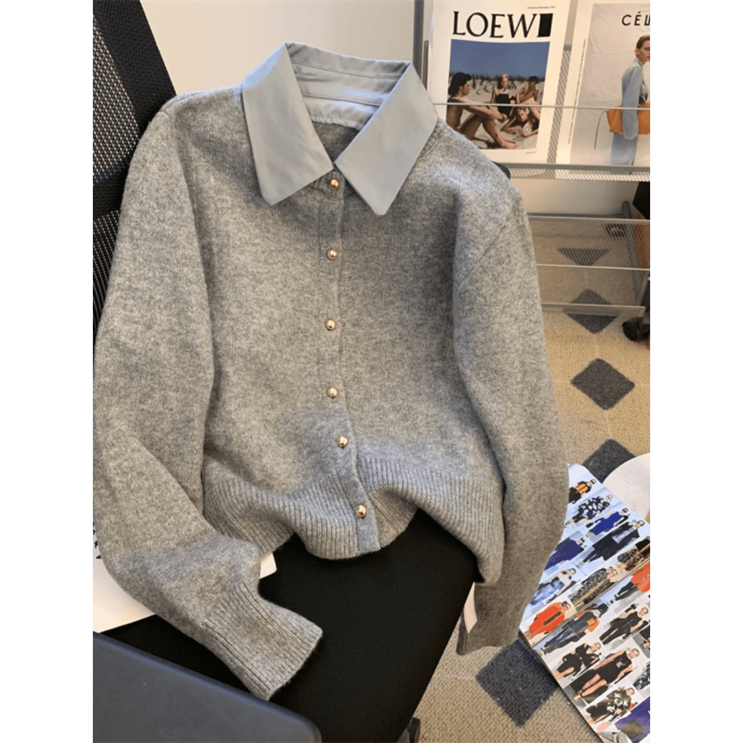 时尚灰色Polo领针织开衫上衣女秋冬拼接超好看小个子短款毛衣外套