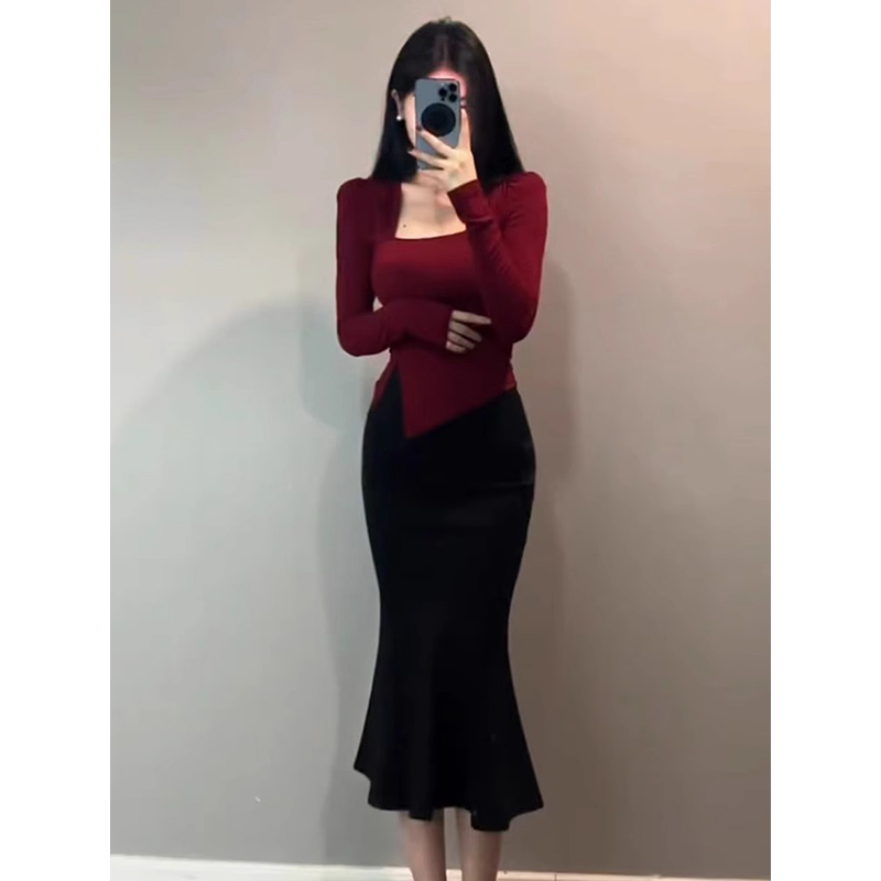 秋冬穿搭一整套你女装红色方领上衣鱼尾半身裙高级感两件套裙子