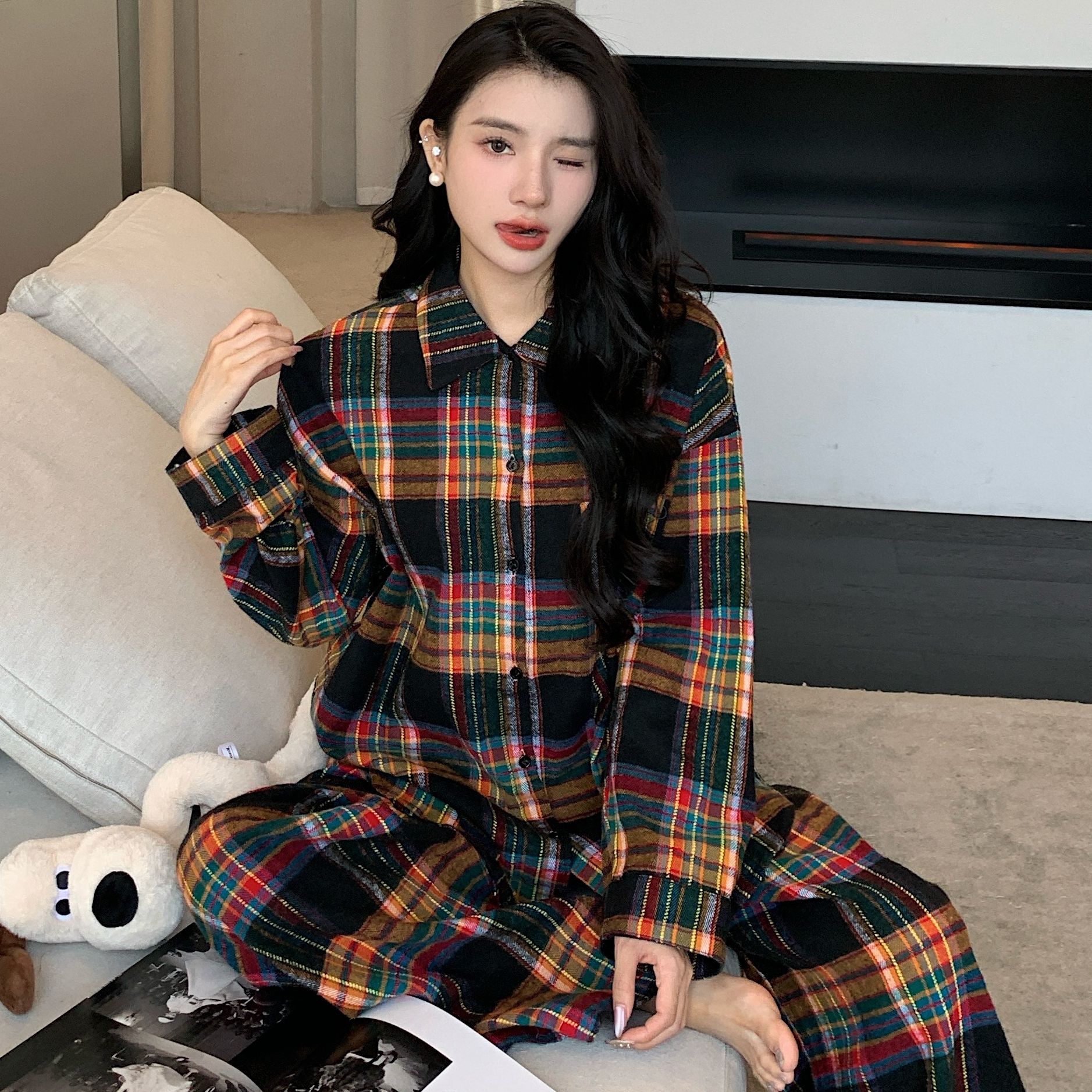 【魔卡少女】复古格子polo领衬衫睡衣女秋季韩版宽松衬衣休闲套装