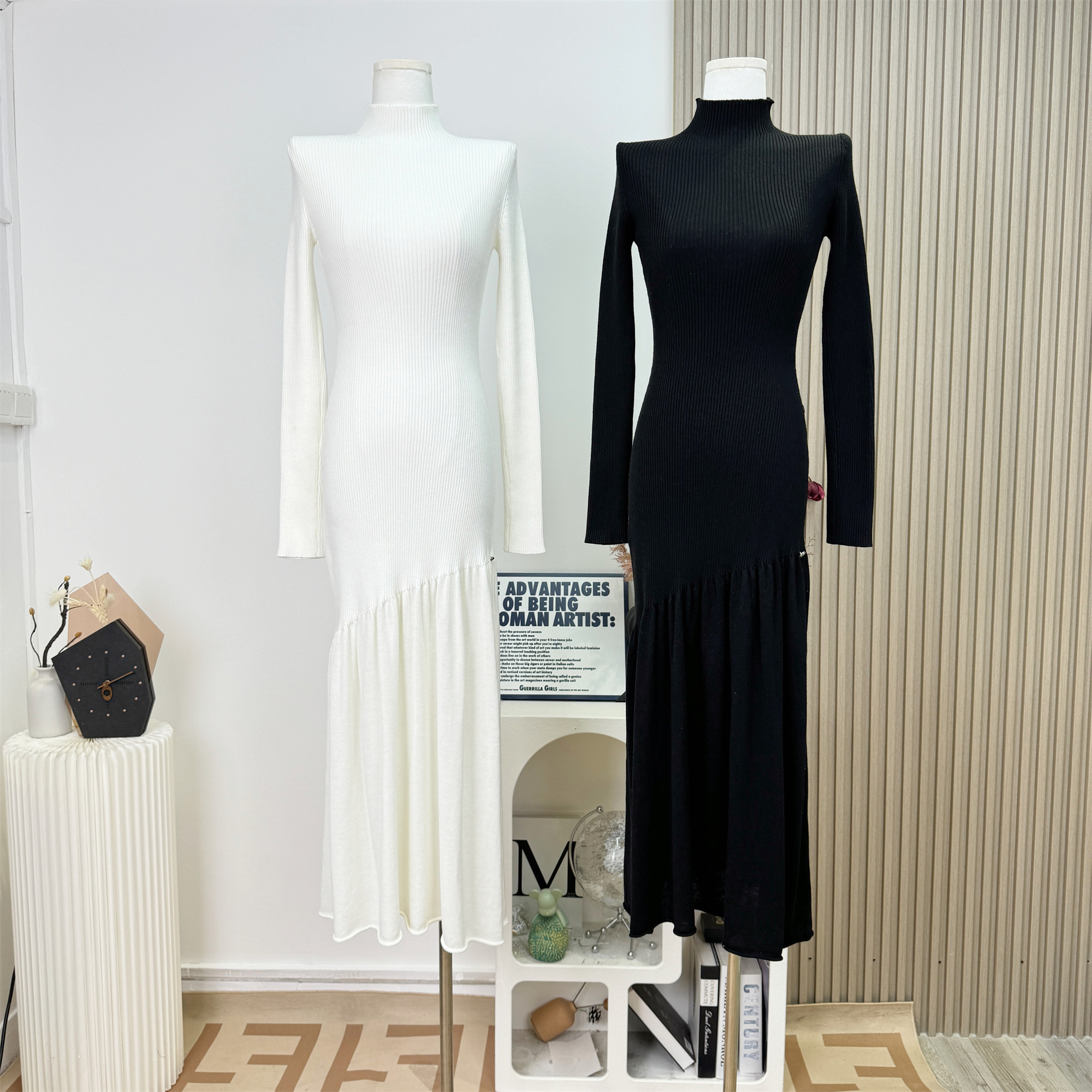 轻奢网红款斜裁修身显瘦香系针织长裙女冬下摆微透垂感内搭连衣裙