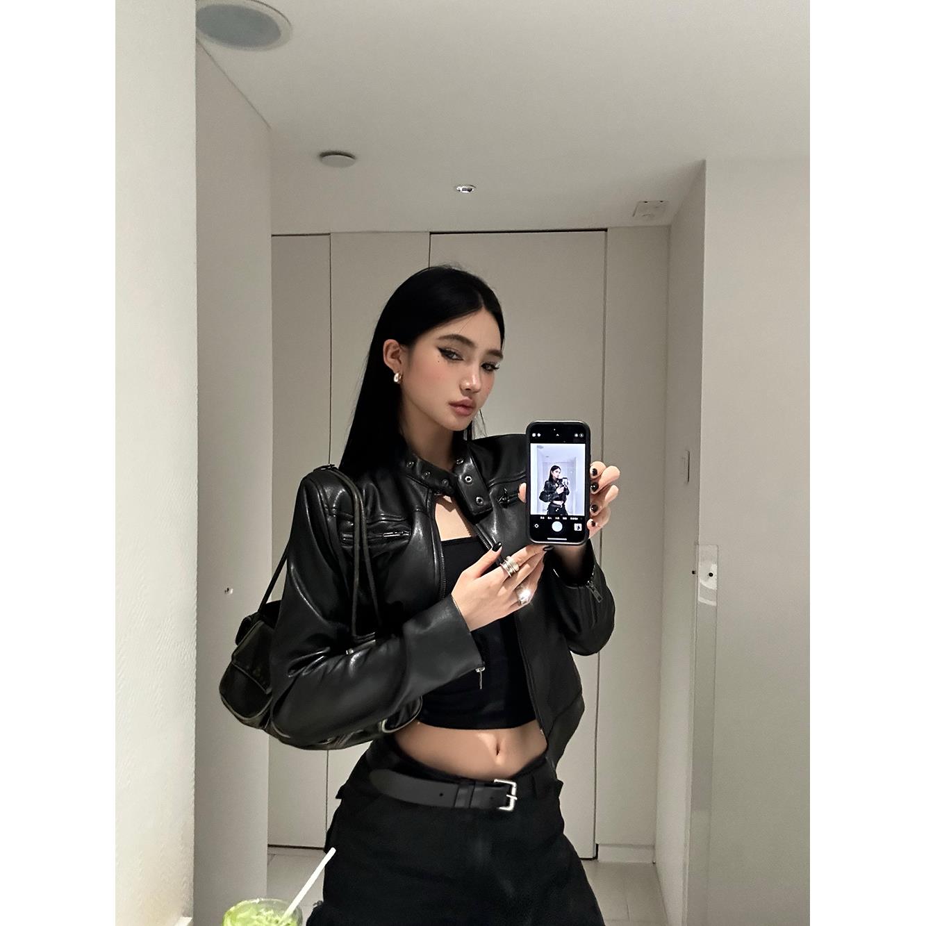 轻奢网红款美式经典黑色酷女孩袖口拉链式立领修身机车皮衣女外套