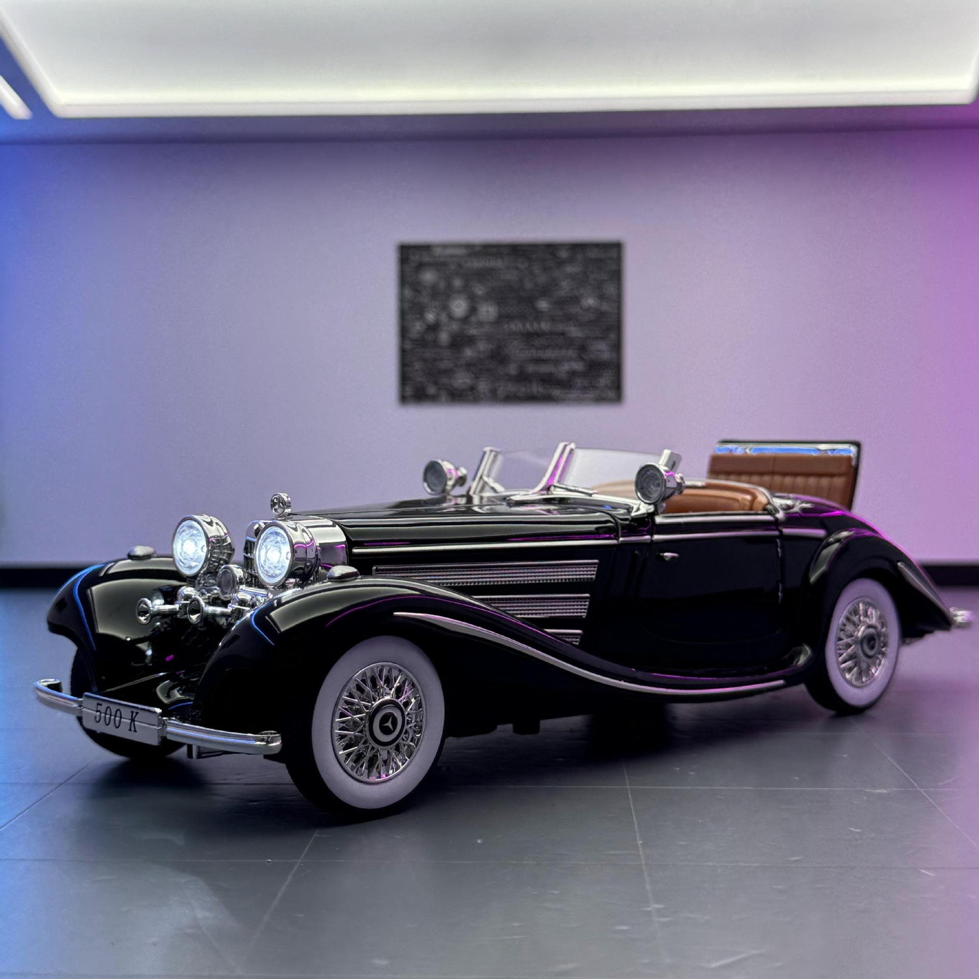 潮玩合金汽车模型1:24奔驰500K 复古老爷车 灯光音效男孩玩具跑车