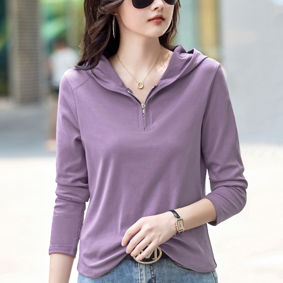 2024秋季连帽纯色正肩长袖T恤休闲拉链宽松韩版上衣百搭显瘦女装