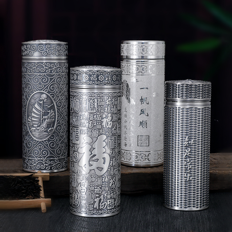 足银银制品 足银999内外银水杯高档保温杯九龙银杯男女士雪花银杯