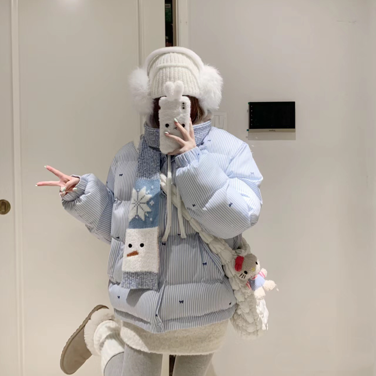 美式蓝色条纹蝴蝶结棉服女2025新款冬季高级感立领加厚保暖棉衣潮