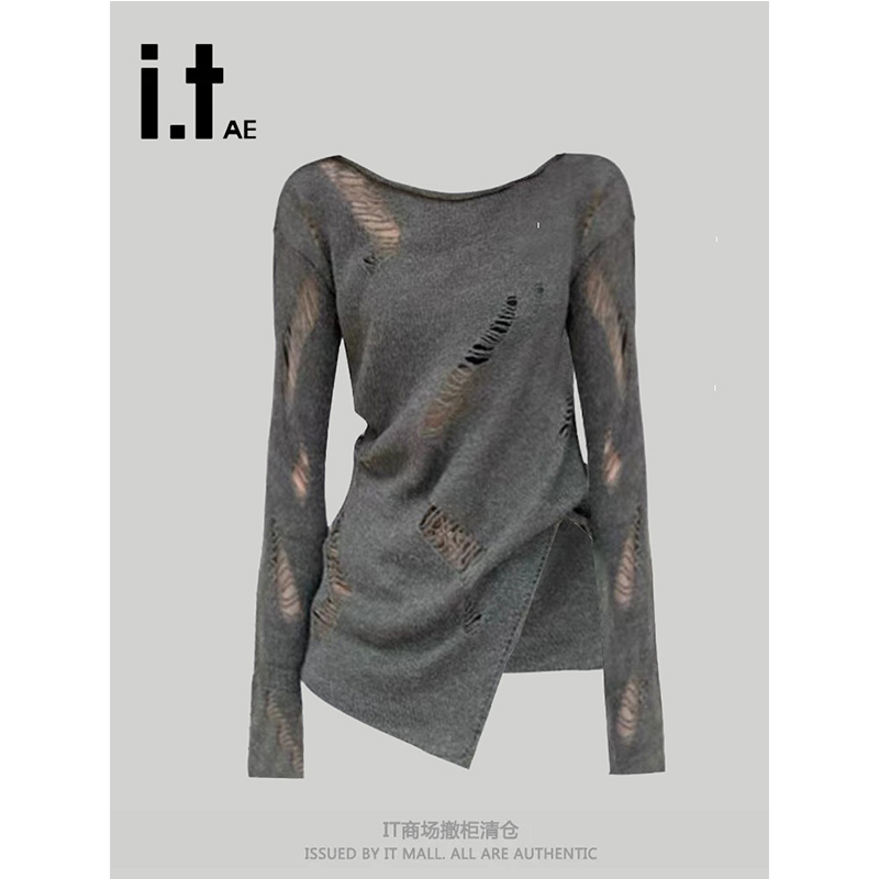 灰色镂空针织衫女秋冬季穿搭设计感罩衫宽松时尚长袖开叉破洞上衣