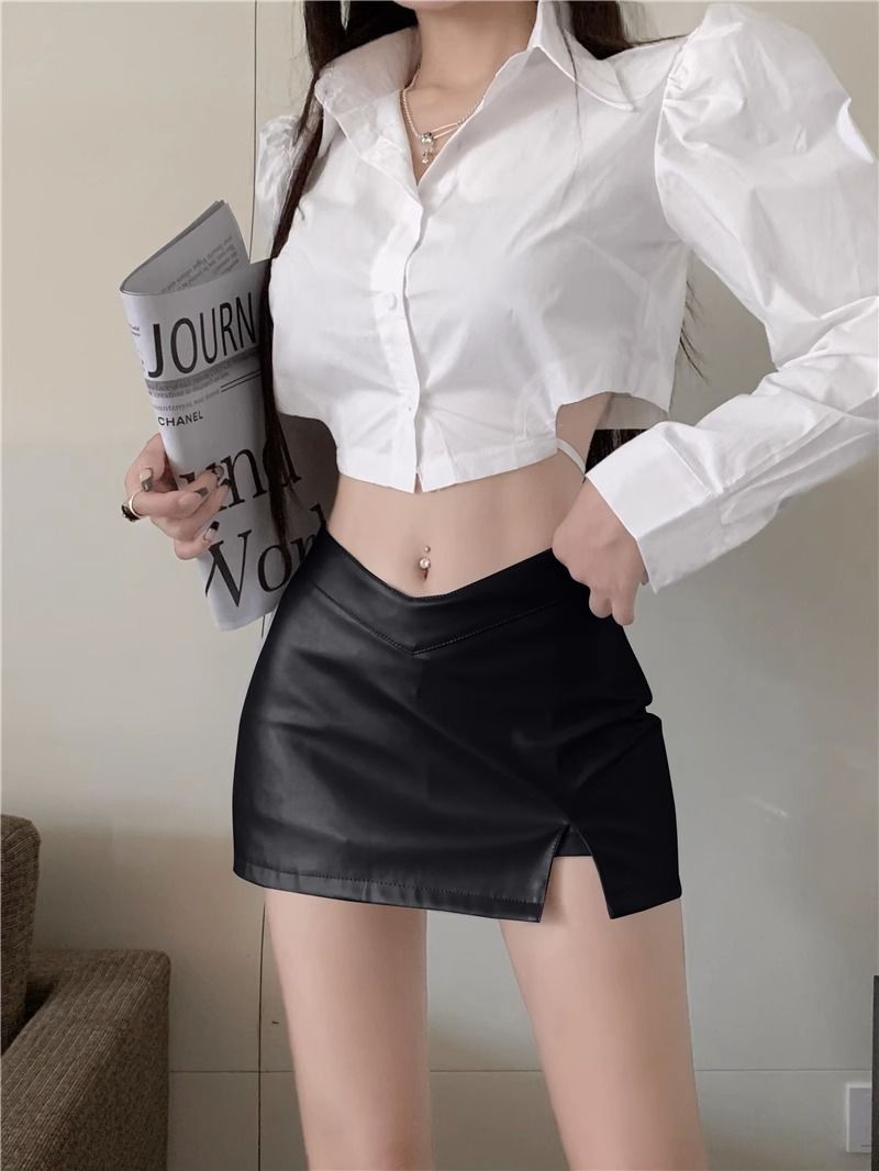 美式辣妹风高级感v领设计感裙子高腰半身裙新款银色包臀短皮裙