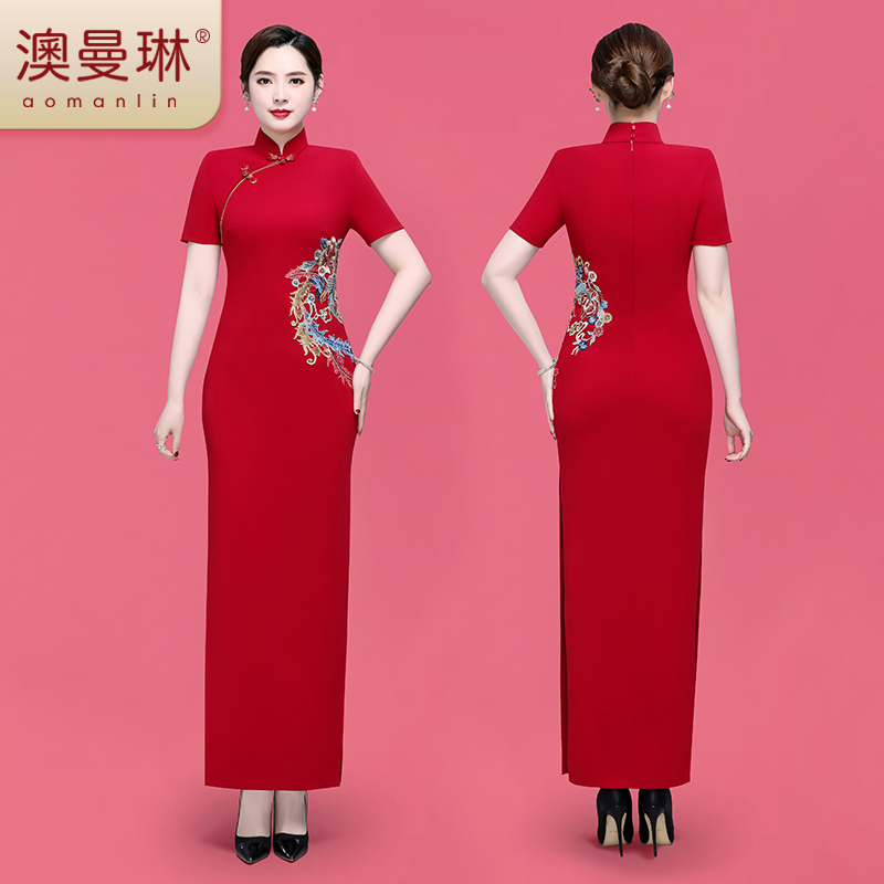 aomanlin/澳曼琳高档国风凤穿牡丹长款中式走秀旗袍改良喜妈妈款