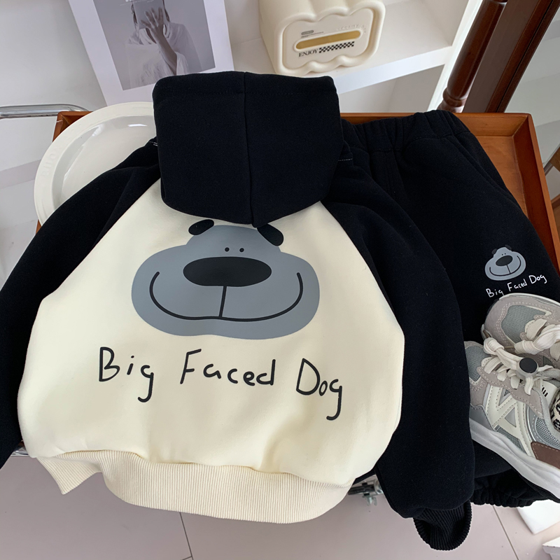 2025新款洋气中小童卡通连帽衣服秋冬一体绒儿童上衣男童加绒卫衣