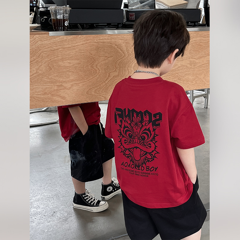 儿童夏装男童短袖T恤夏季2025新款童装纯棉薄款上衣男孩红色体恤