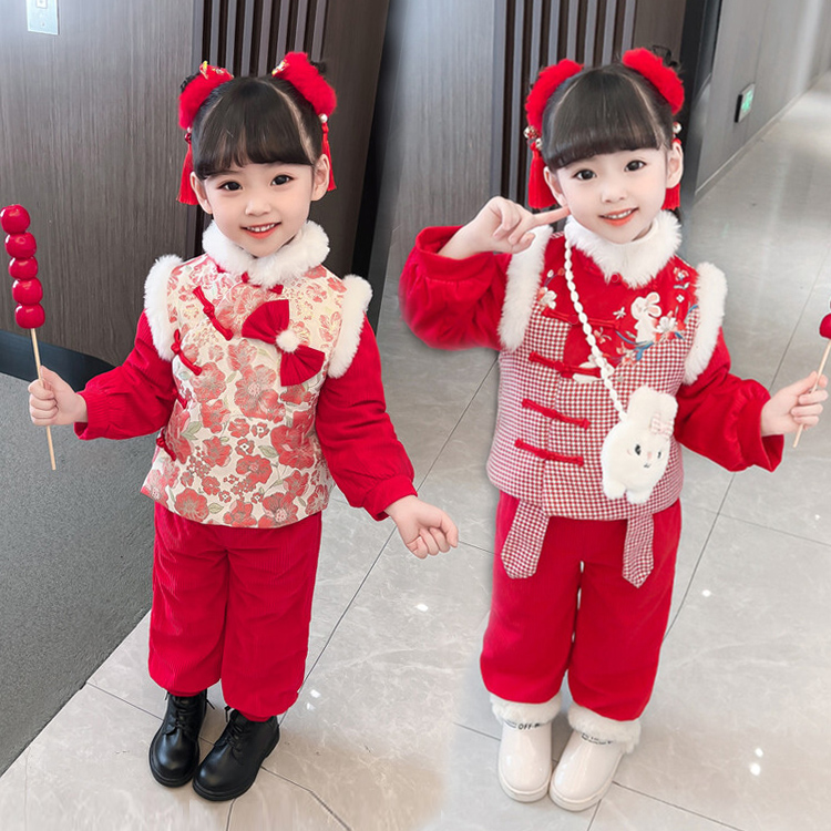 女童拜年服套装2025冬季中国风抓周服生日唐装女宝宝年服加厚汉服