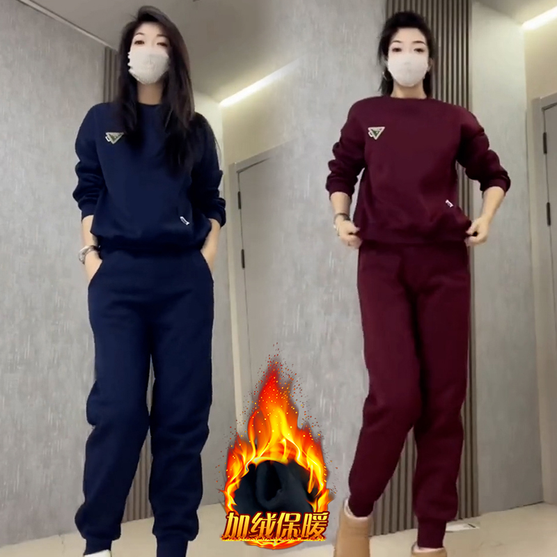 高含棉时尚休闲运动服套装女2025年秋冬新款加绒卫衣束脚裤两件套