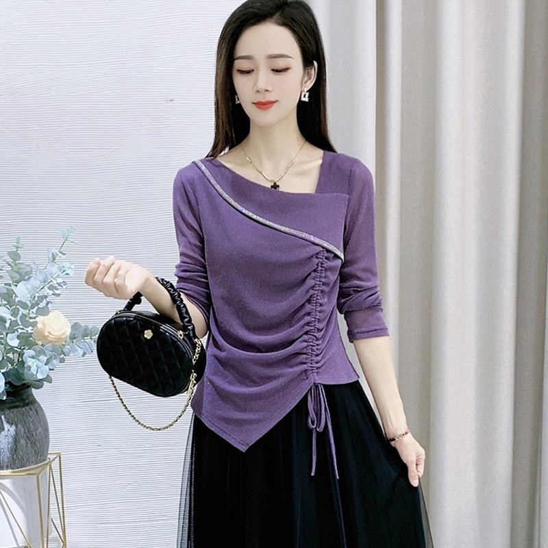 大码不规则斜领长袖t恤女2026年春秋新款大码胖mm显瘦别致打底衫