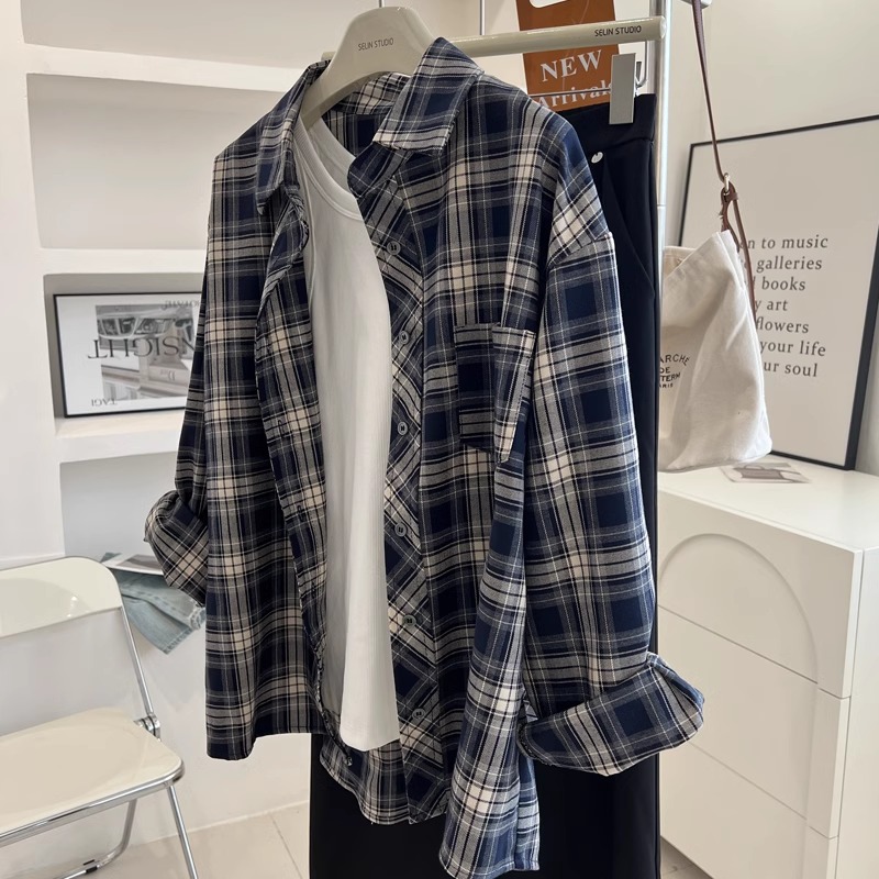 【杭州好货】复古英伦风深蓝色格子衬衫女宽松长袖衬衣春秋新款上衣