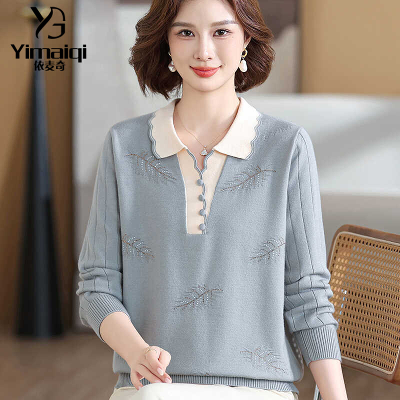 妈妈装秋季印花长袖毛衣翻领针织打底衫50岁中老年女春秋减龄上衣