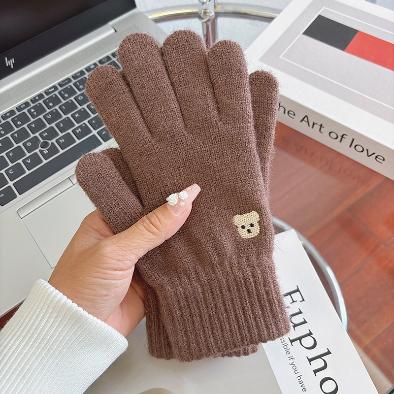 学院风毛线针织手套女士冬季加厚防寒学生百搭刺绣分指漏指可触屏