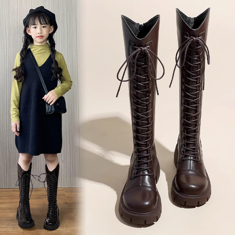 女童靴子春秋款时尚百搭长筒靴英伦风加绒长靴中大童小女孩骑士靴