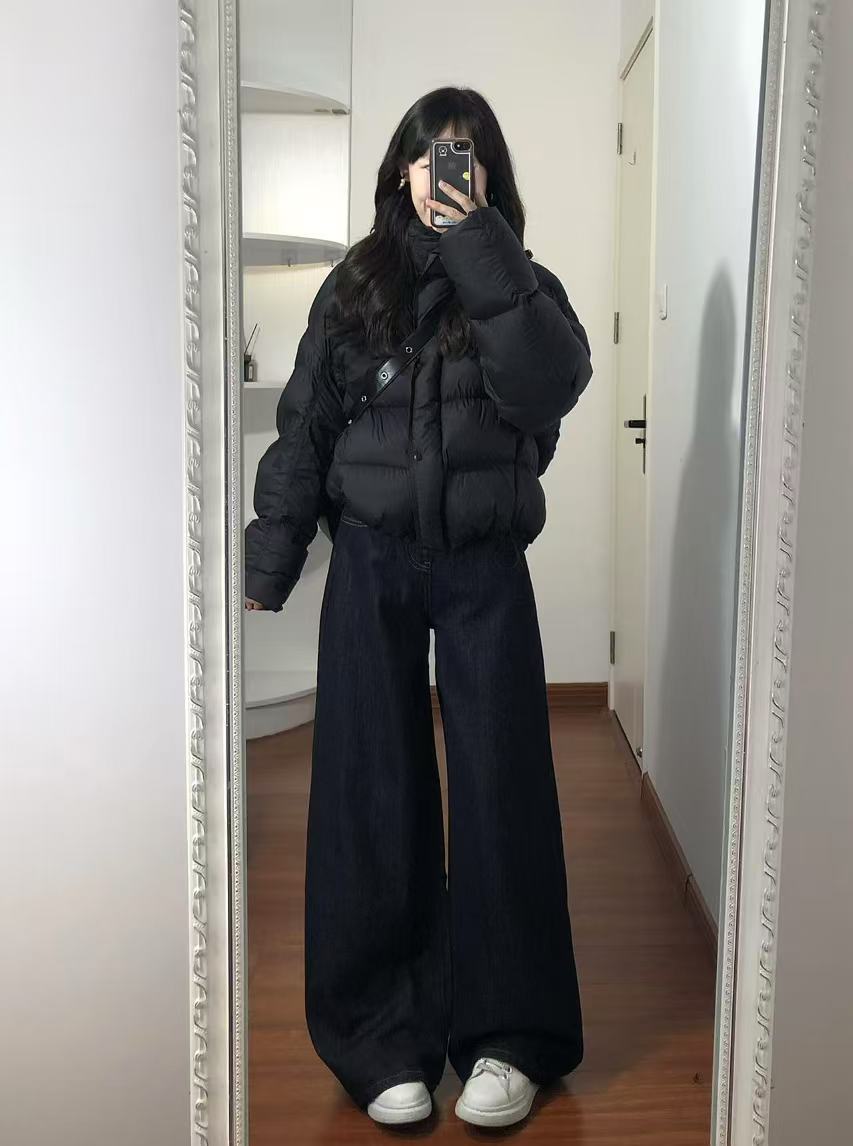 【黑泡芙】秋冬高级感时尚黑色短款棉服黑色短款卫衣复古蓝色牛仔裤