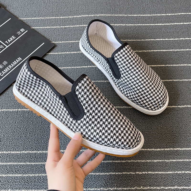 夏季布鞋男老北京手工西山牛筋底一脚蹬懒汉鞋耐磨防滑千鸟格布鞋