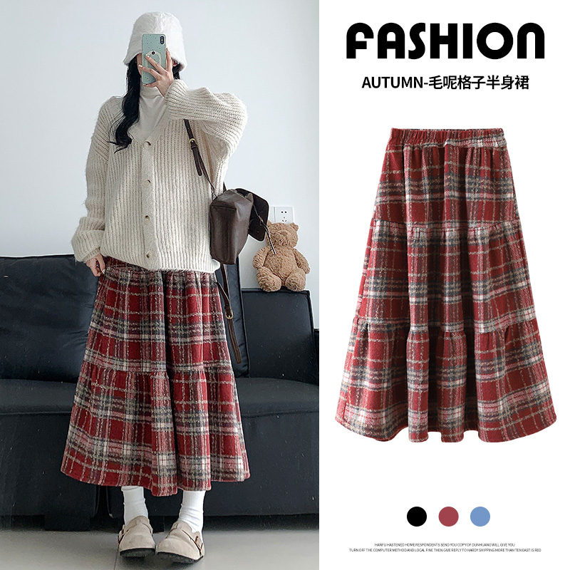 鑫鑫同学复古毛呢格子裙女2025秋冬半身裙高腰显瘦中长款大摆裙子