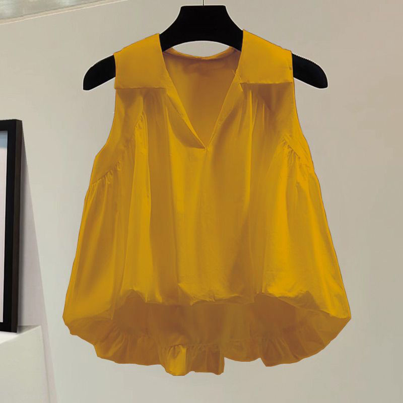 无袖雪纺衬衫女宽松遮肚子衬衣2024夏季新款时尚小衫短款上衣女