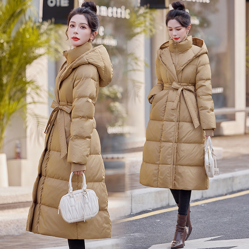 连帽羽绒服中长款2024冬季新款气质修身显瘦保暖白鸭90绒羽绒服女