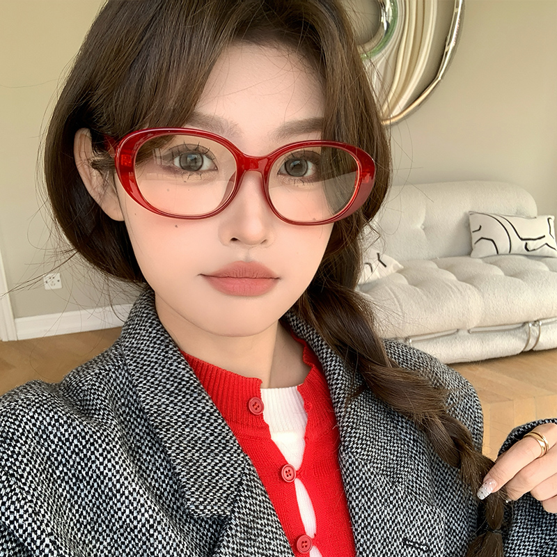 复古红色椭圆眼镜框女可配近视潮凹造型平光镜防蓝光眼镜韩版