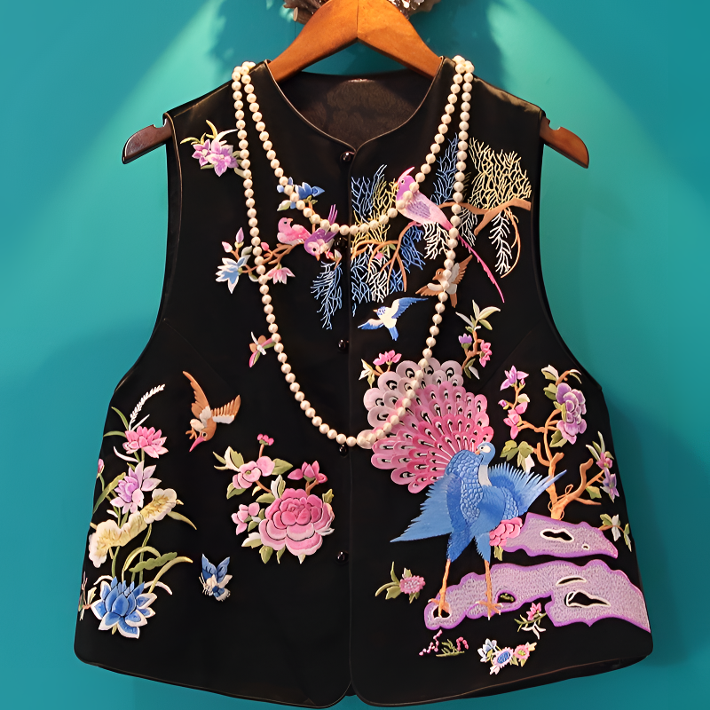 2024 孔雀醋酸高级马甲背心重工新款国风刺绣复古中式盘扣上衣女