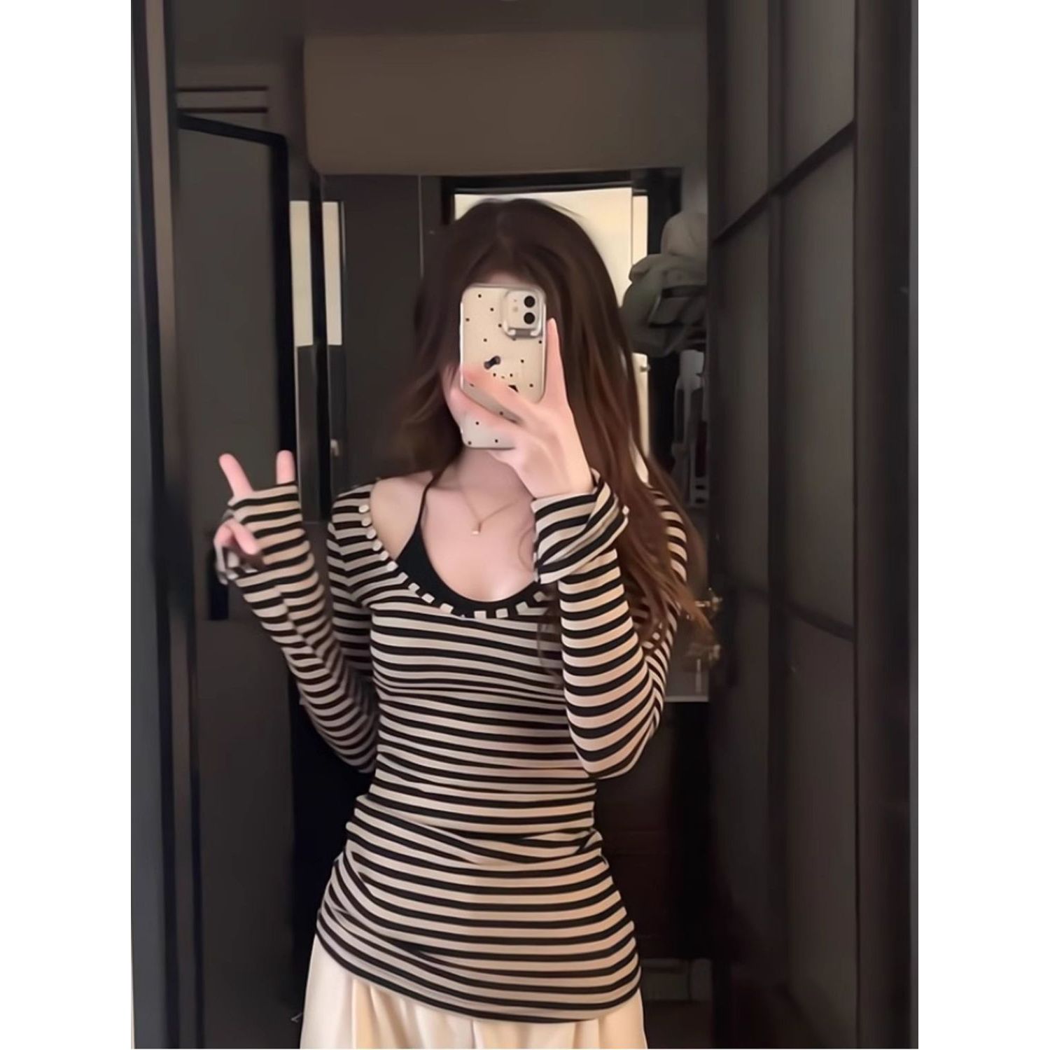 v领条纹T恤女秋季纯欲风气质小个子修身显瘦复古紧身长袖韩系上衣