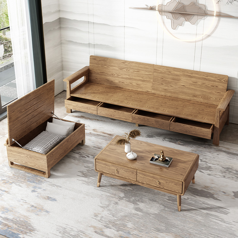 北欧全实木沙发组合现代简约冬夏两用白蜡木抽屉储物大小户型沙发