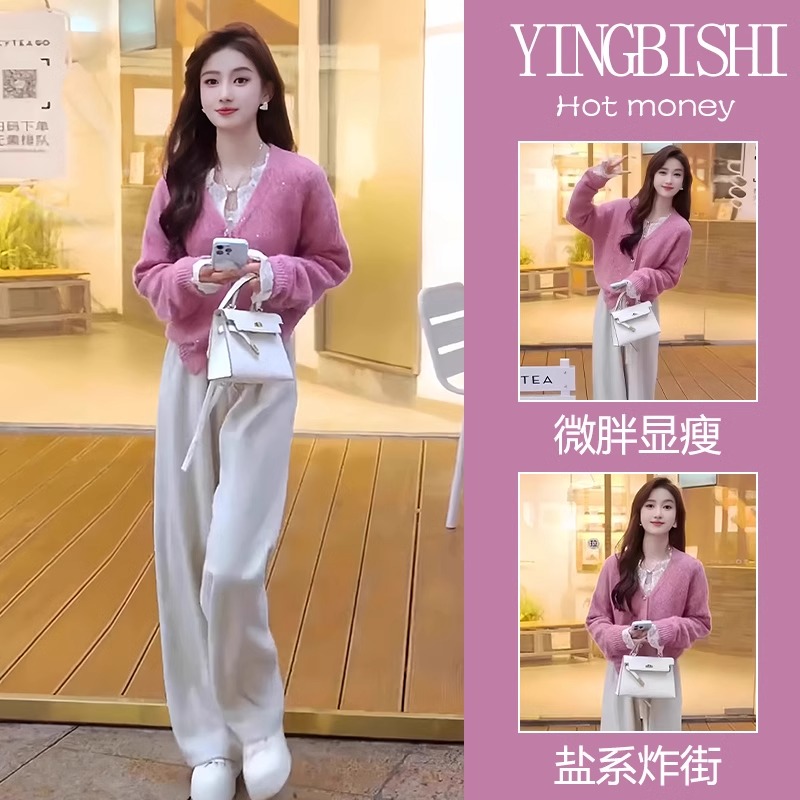 一整套初冬穿搭时尚减龄高级感小香风针织上衣两件套装裤子女春秋