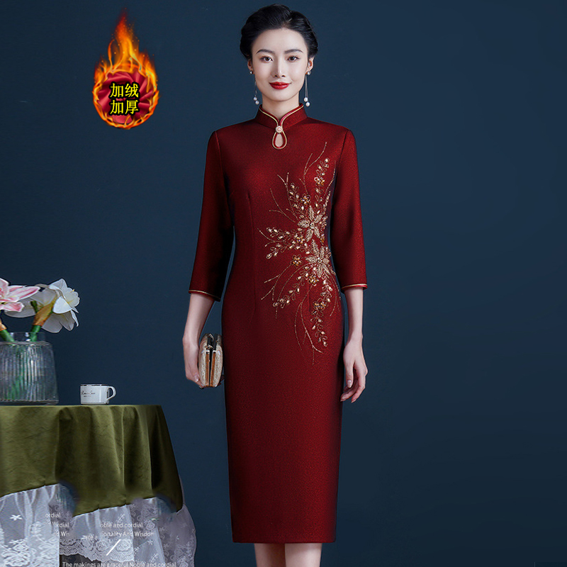 高贵喜婆婆改良旗袍婚庆喜妈妈装连衣裙加绒加厚婚宴礼服长款秋冬
