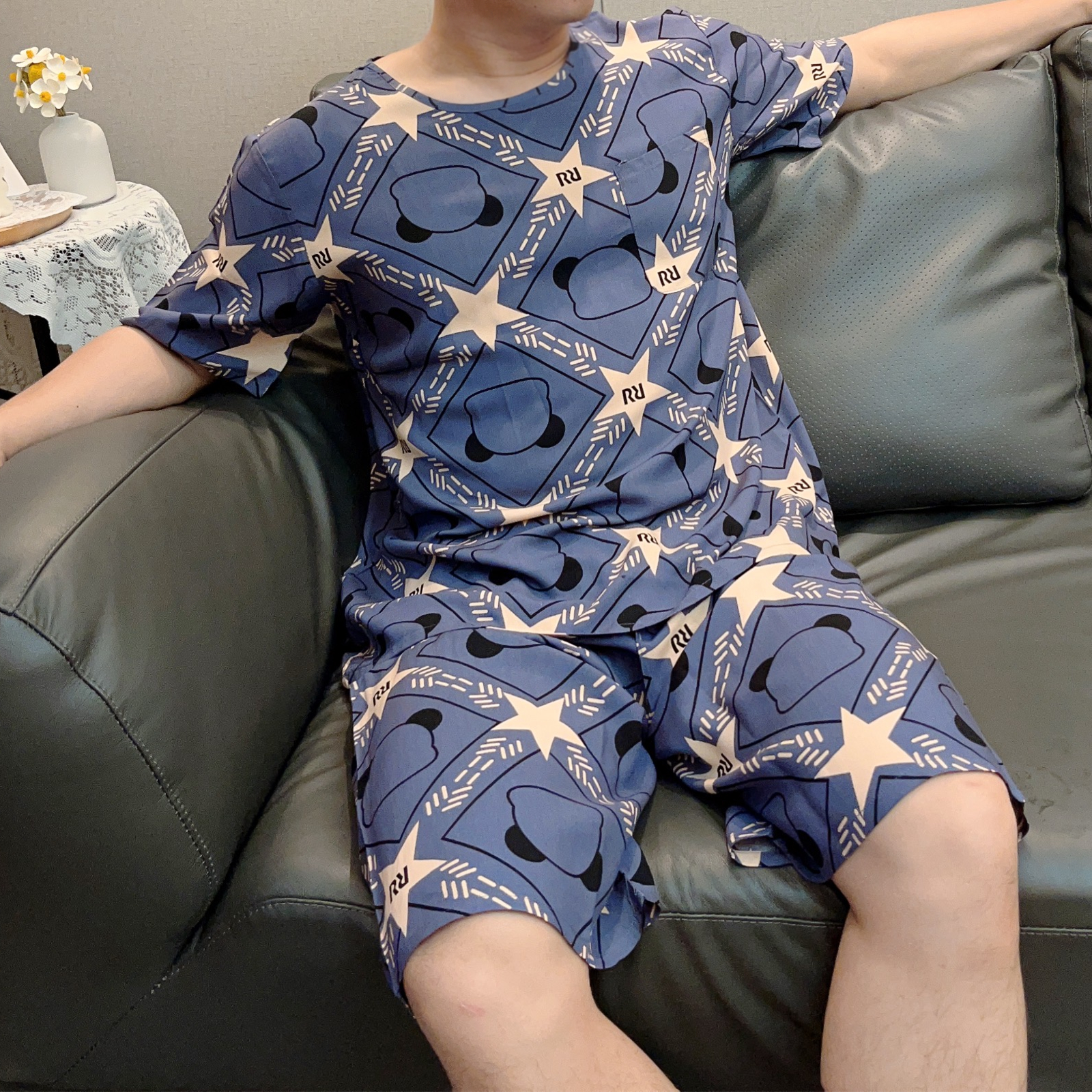 夏季男士睡衣套装绵绸空调家居服薄款加肥加大码男薄款印花两件套