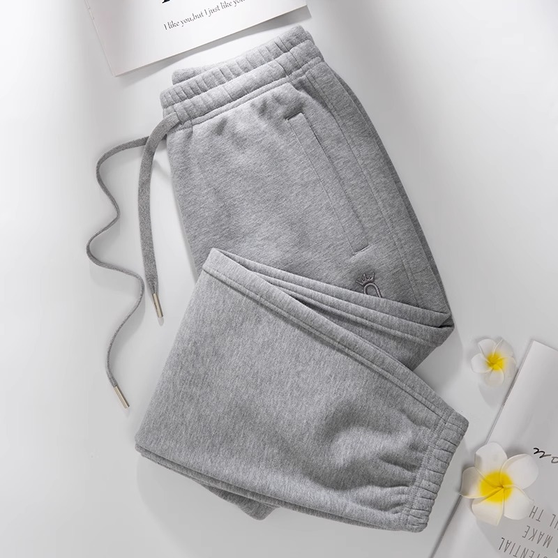 高端小个子运动裤女士春秋款九分裤灰色毛圈大码高腰加绒休闲卫裤