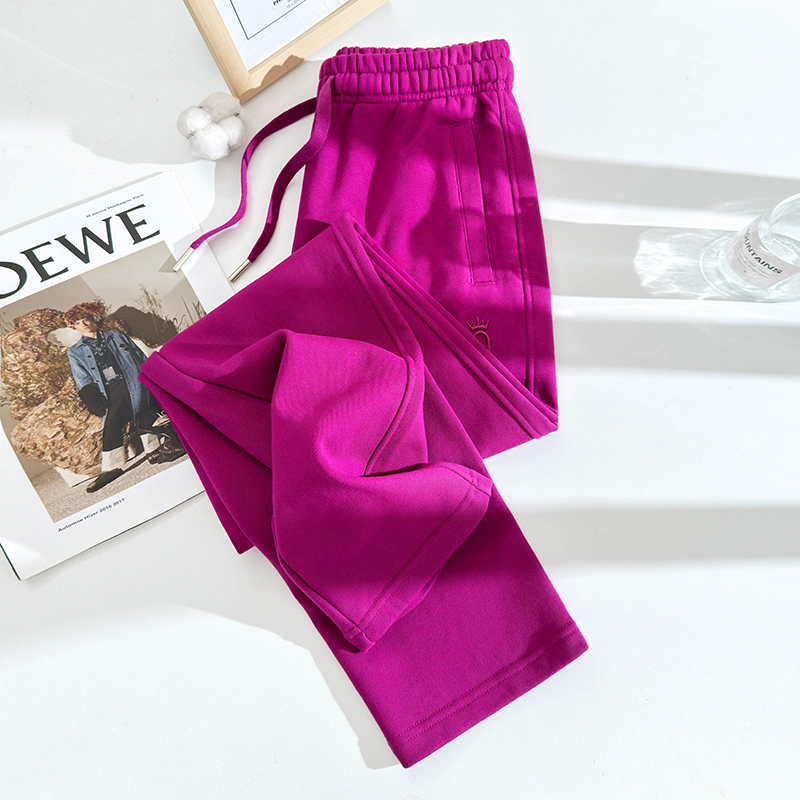 高端夏季薄款运动裤女春秋卫裤玫红色高腰毛圈直筒长裤女式休闲裤
