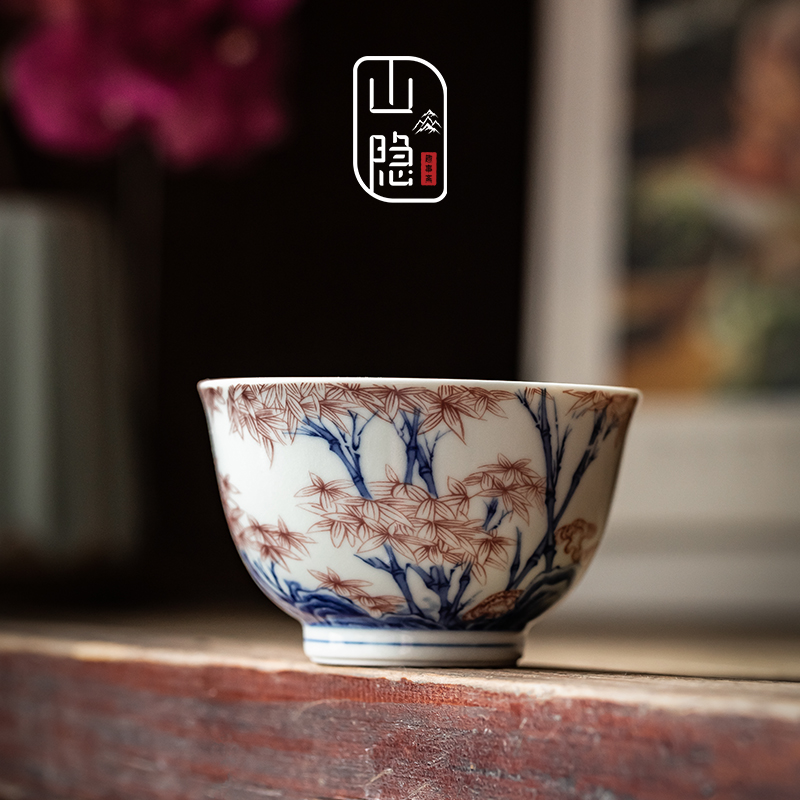 山隐趣事斋青花瓷茶杯陶瓷手工单杯功夫茶具品茗杯大号复古主人杯