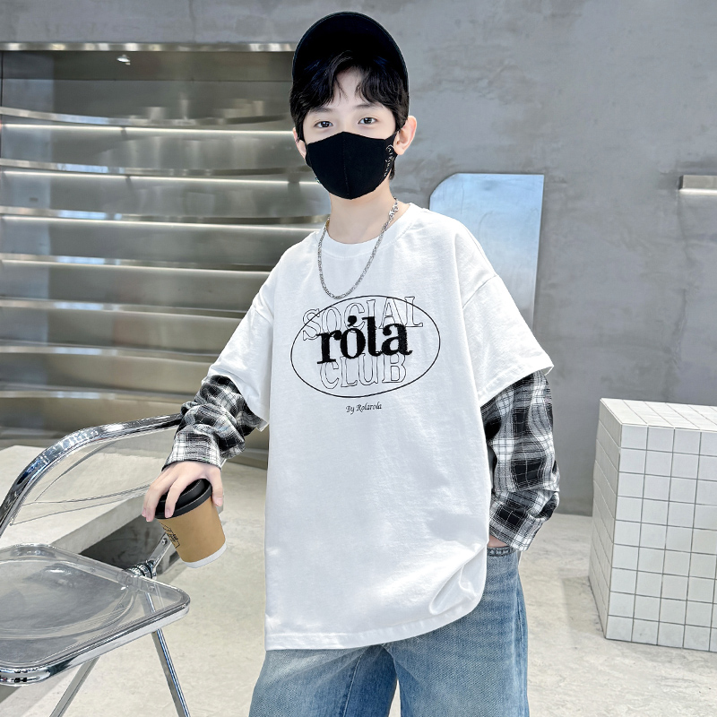 男童秋季假两件卫衣2025新款秋装长袖T恤大儿童男孩春秋款上衣潮t