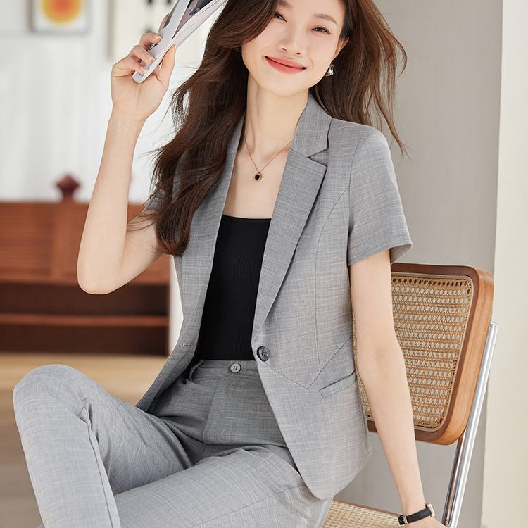 灰色小个子职业西服套装夏款修身女神范前台美容院珠宝店职业西装