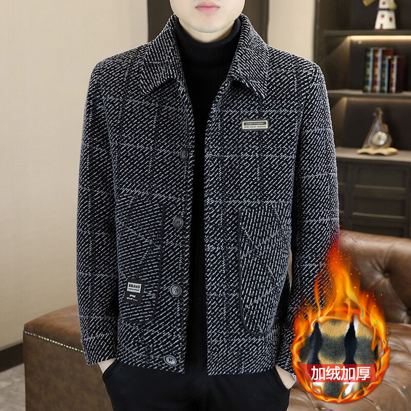 2024秋冬新款高档男士加厚加绒毛呢大衣短款翻领男士上衣商务休闲