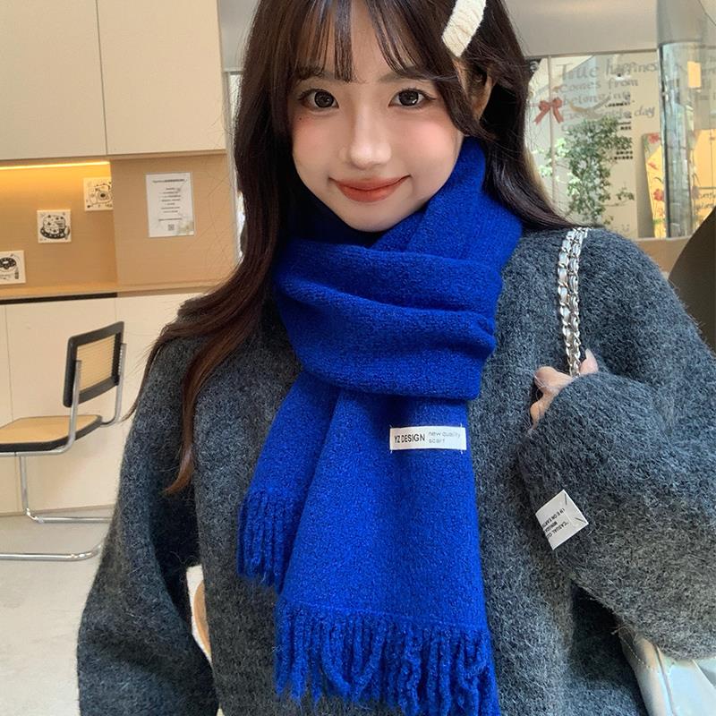 克莱因蓝围巾冬季女韩系百搭纯色针织围脖保暖高级感氛围2025新款