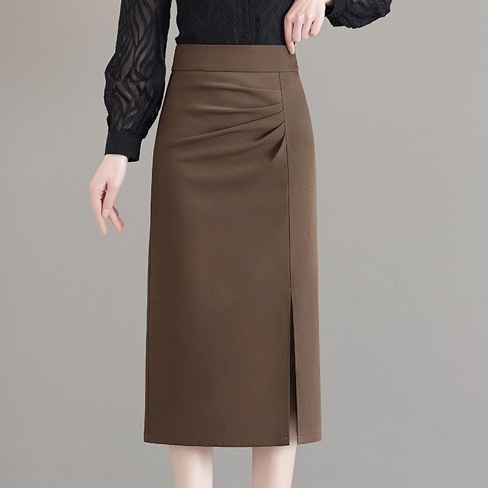 气质褶皱半身裙女秋冬新款一步西装包臀裙高腰开叉显瘦中长款裙子